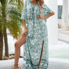 Summer Women'S Floral Printed Bohemian Beach Vacation V-Neck Short-Sleeved Cardigan And High Waist Side Slit Skirt Two-Piece Sets