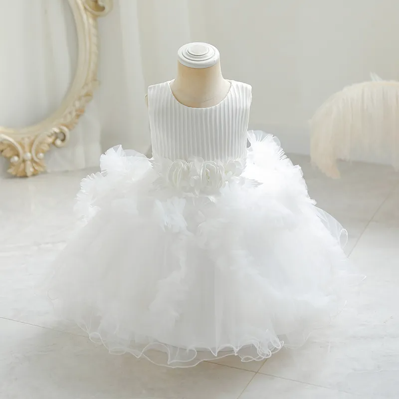 (Buy 1 Get 1) Kids Baby Girls Summer Fashion Party Cute Sweet Solid Color Floral Pleated Sleeveless Mesh Party Tutu Dress