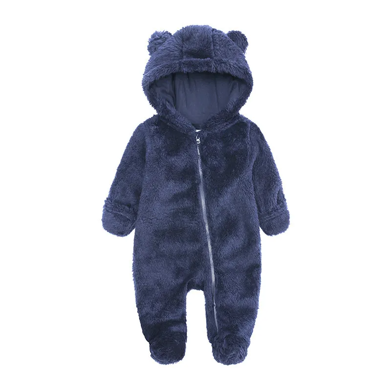 Kids Baby Boys Girls Autumn Winter Casual Cute Solid Color Bear Ear Fleeces Long Sleeve Hooded Bodysuit