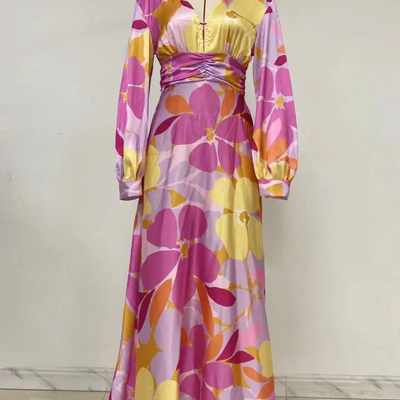 Women Ramadan /Eid Fashion Elegant Sexy Deep V Floral Print Lantern Sleeve Maxi Dress