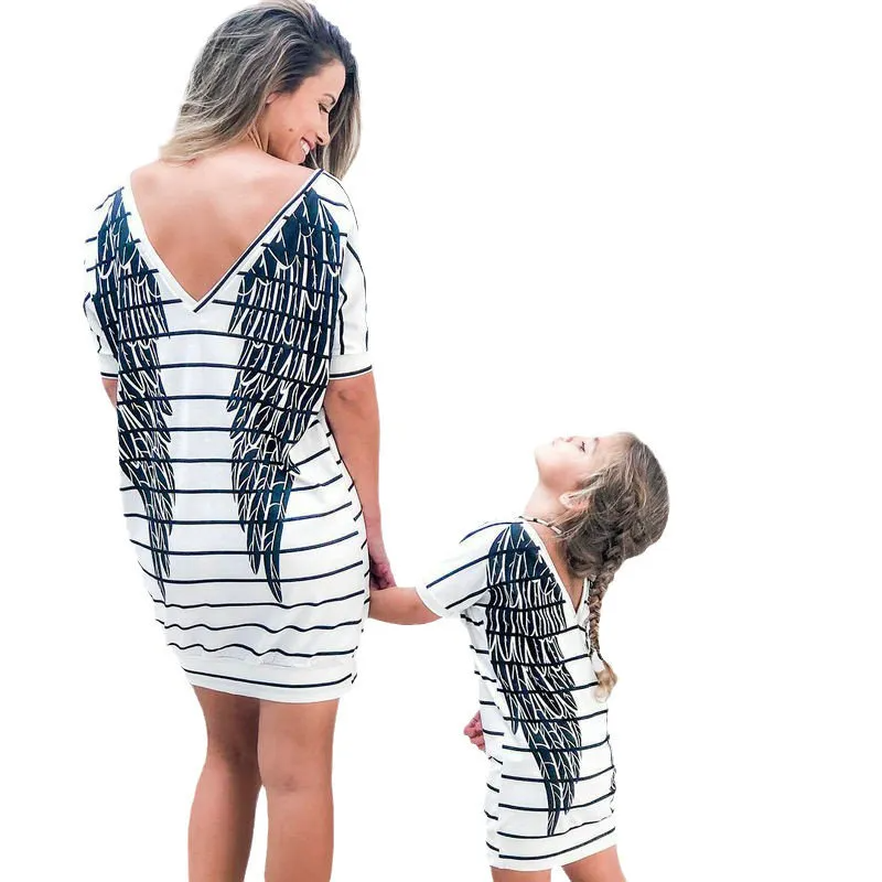 Mother And Daughter Stripe Wings Slim Back V-Neck Family Matching Short Sleeve Casual Dress