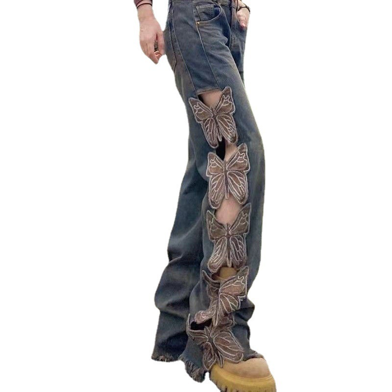 Women Vintage High-Waisted Embroidered Loose Butterfly Hollow-Out Wide-Leg Jeans