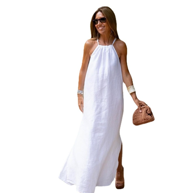 Women Fashion Casual Solid Color Halter Neck Loose Long Dress