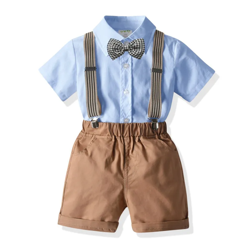 Kids Toddler Big Boys Summer Fashion Casual British Style Bow Shirt Suspender Trousers Party Clothing Set