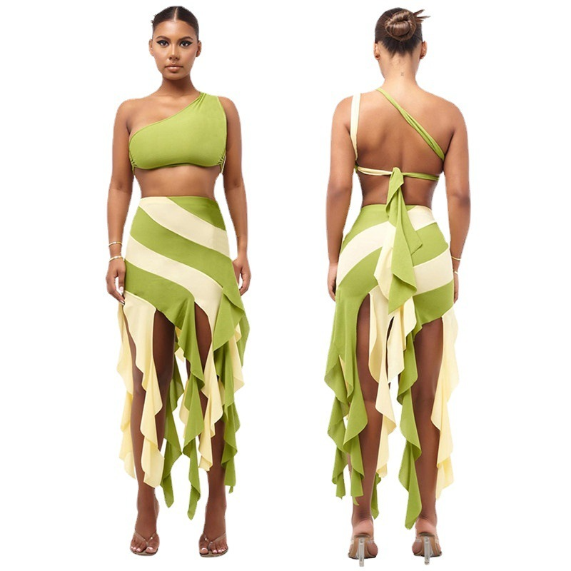 Women One Shoulder Sleeveless Top And High Waist Stripe Irregular Skirt Fashionable Two-Piece Set
