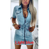 Women Elegant Bandage Short Sleeve Zipper Pocket Slim Denim Bodycon Dress