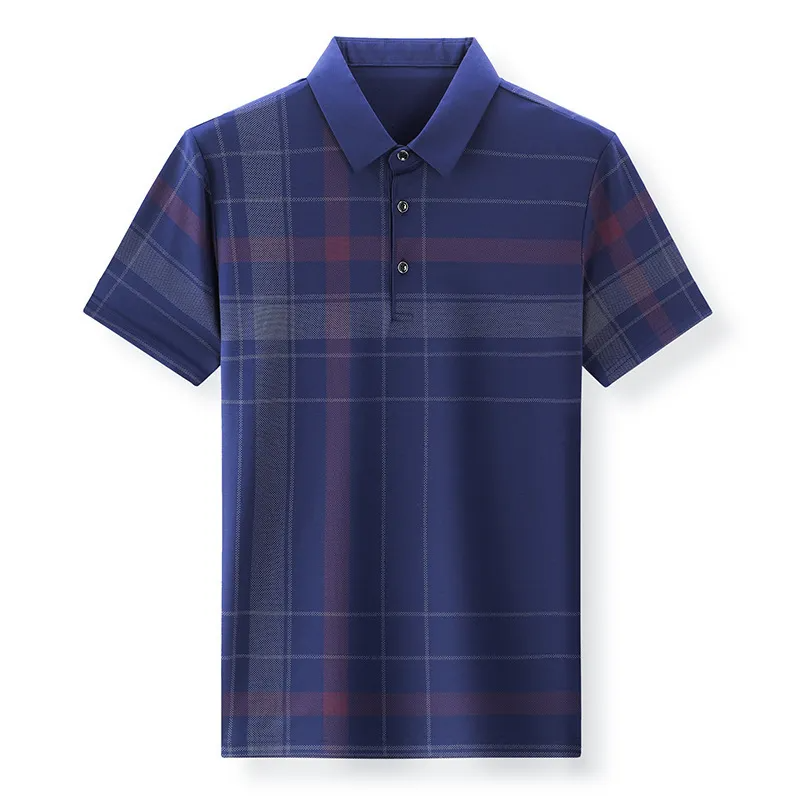 Men Fashion Casual Striped Plaid Print Lapel Short-Sleeved Loose Polo Shirt