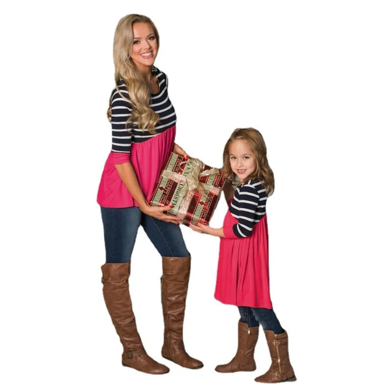 Mother Daughter Stripe Color Blocking Mid-Length Three-Quarter Sleeves Round Neck Loose Family Matching Blouse