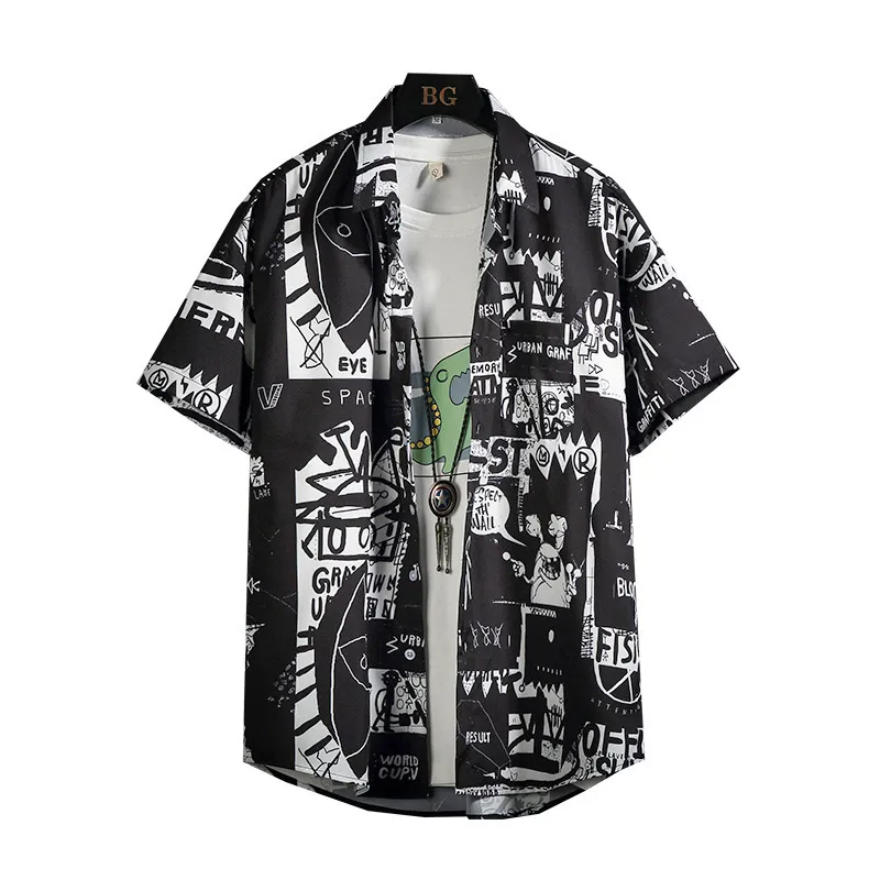 Men Vintage Short Sleeve Lapel Single-Breasted Letter Printed Shirt