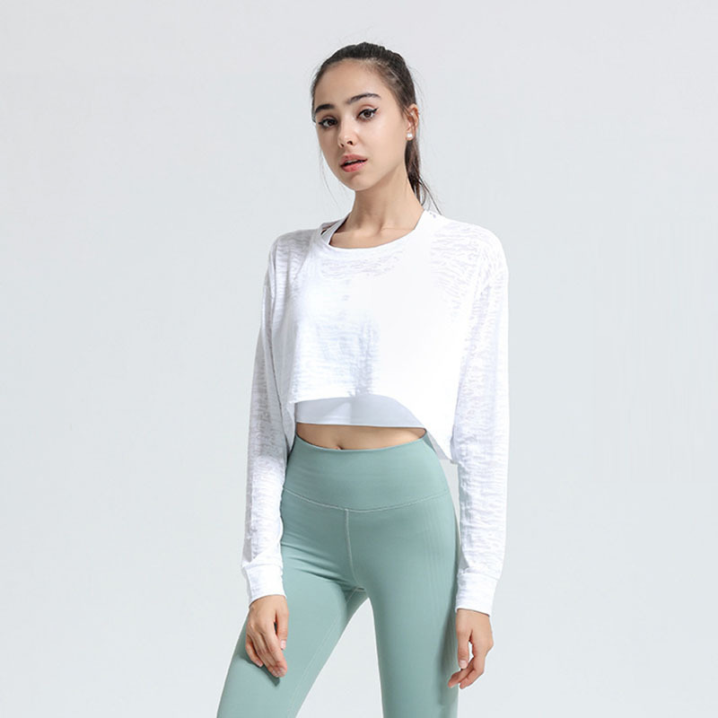 Women Casual Loose Breathable Solid Color Long Sleeve Sports Crop Top