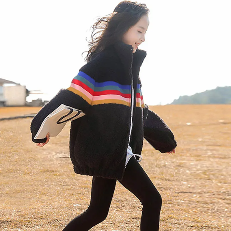 Kids Toddler Big Girls Autumn Winter Casual Cute Rainbow Color Lamb Zipper Stand Collar Long Sleeve Coat