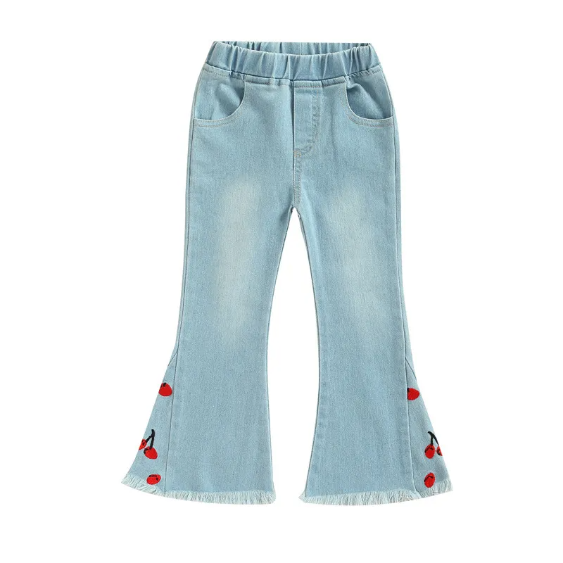 Children Kids Baby Fashion Girls Embroidered Denim Flared Pants