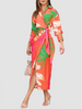 Women Fashion V-Neck Printed Long-Sleeved Irregular Dress