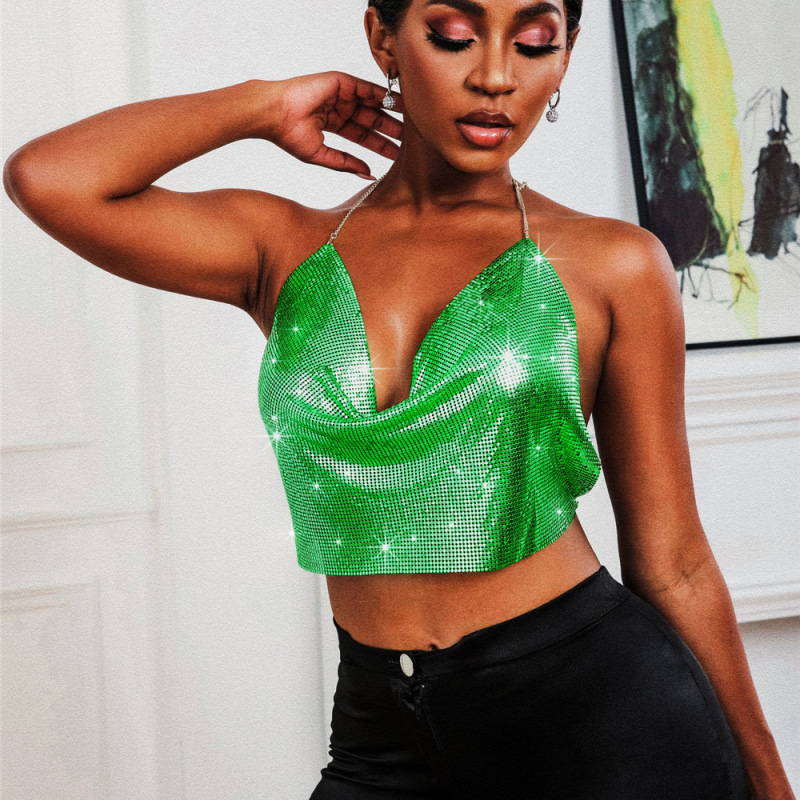 Women'S Sexy Backless Metallic Sequins Tethered Camisole Top