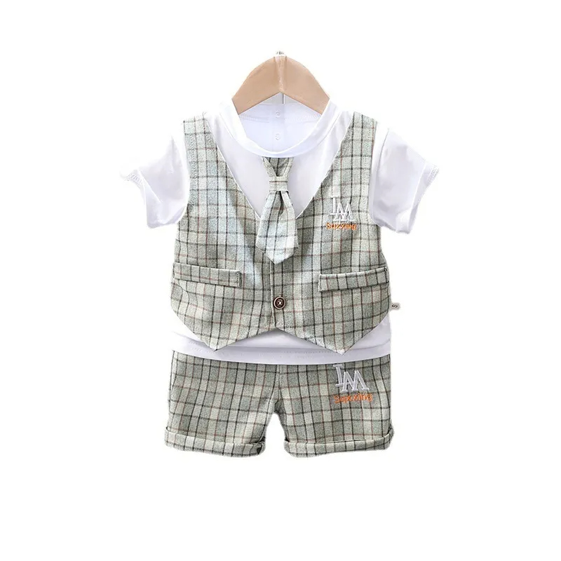 Kids Baby Boys Fashion Casual British Style Playd Waistcoatt Shirt Shorts Set