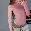 Women Slim-Fit Knitted High-Necked Long-Sleeved Solid Color Basic Rib-Knit Bodysuit