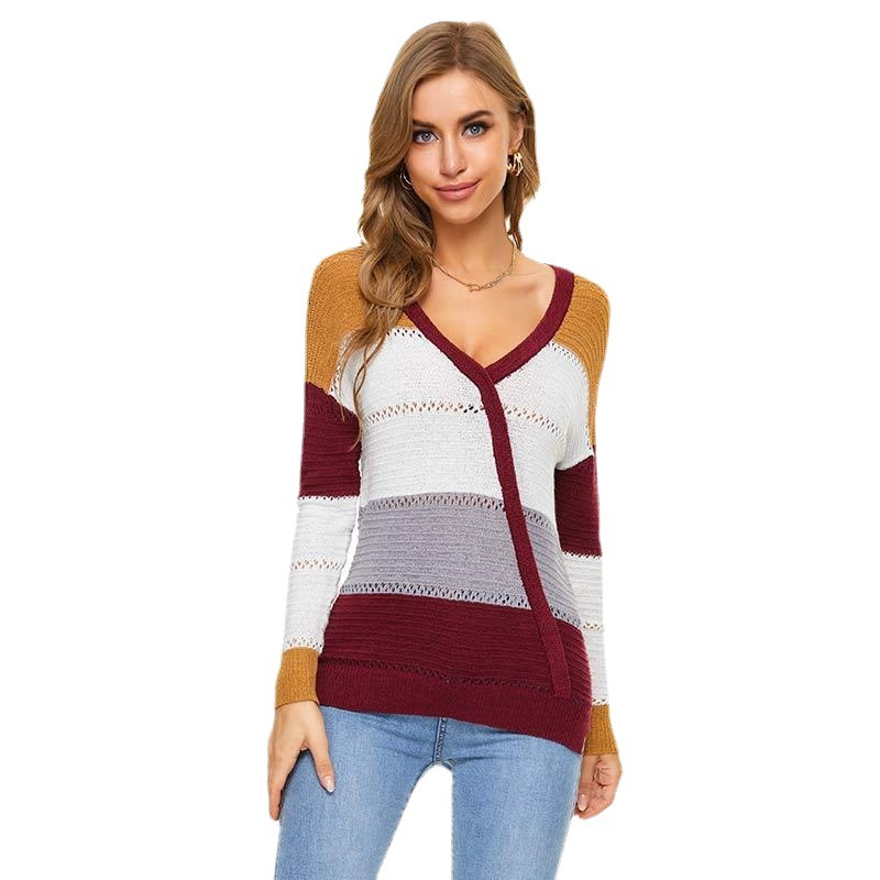 Women Casual Loose V-Neck Color Blocking Knitted Sweater