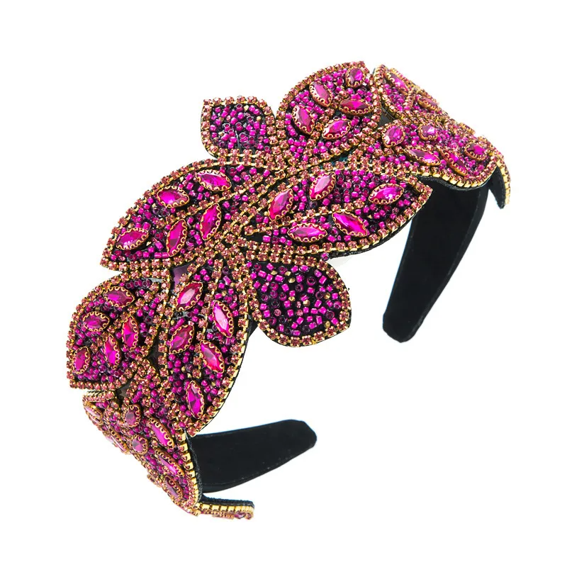 Retro Wide-Brimmed Leaf Shape Rhinestone Rice Bead Headband