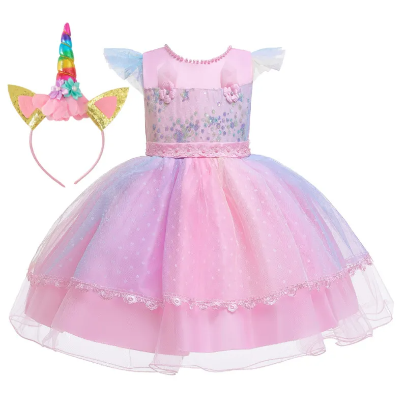 Kids Toddler Girls Fashion Party Cute Sweet Color Unicorn Pleated Sleeveless Mesh Party Tutu Dress