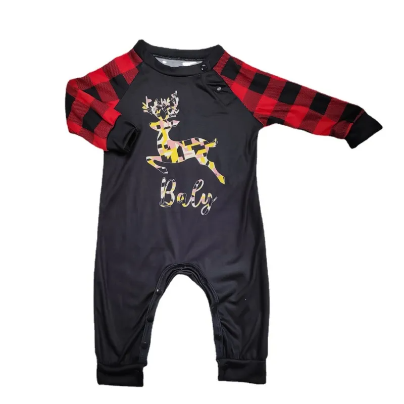 Christmas Cartoon Fashion Elk Plaid Print Round Neck Long Sleeve Parent-Child Pajamas Set