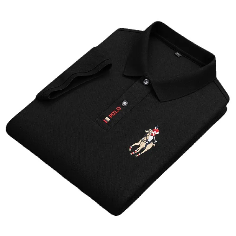 Men Casual Solid Color Horseback Riding Pattern Embroidered Lapel Short Sleeve Slim Polo Shirt