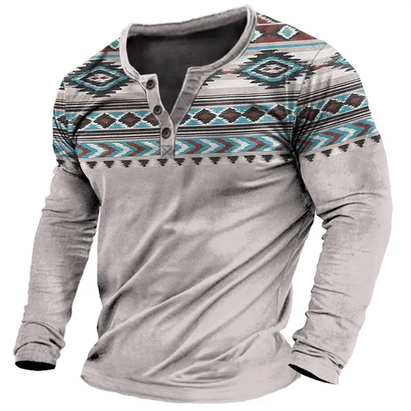 Men Ethnic Vintage Printed Long Sleeve Polo Shirt