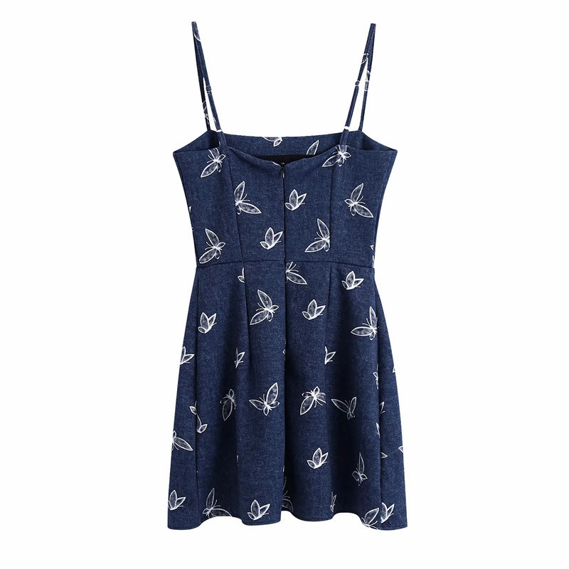 Women'S Fashion Temperament Butterfly Printing Denim Slip Dress