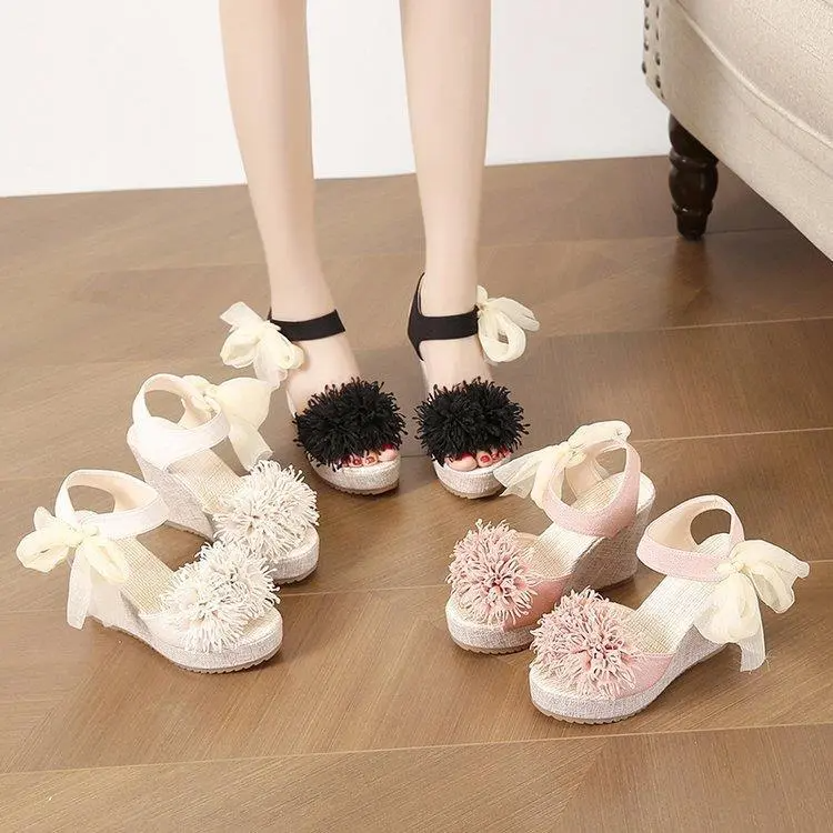 Women Fashion Plus Size Floral Ribbon Frosted Wedge Heel Open Toe Platform Shoes