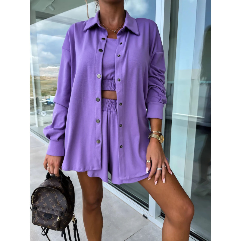 Women Fashion Street Casual Solid Color Long Sleeve Shirt And Loose Blouse Three Pieces Set