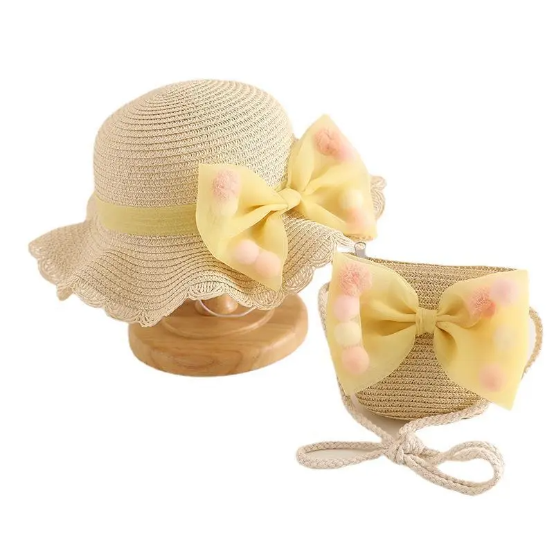 Fashion Bow Design Kids Girls Straw Woven Hat And Bag Set