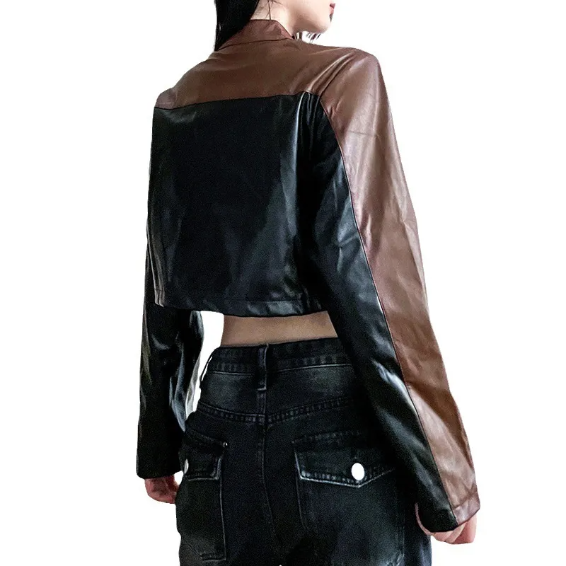 Motorcycle Style Street Women Fashion Rivet Color-Block PU Jacket