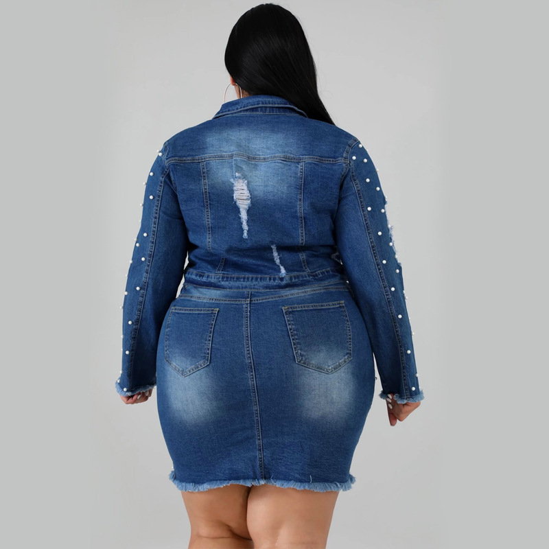 Women Plus Size Fashion Beaded Design Long-Sleeve Short Coat And Bodycon Skirt