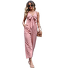 Women Bow V-Neck Cotton And Linen Solid Color Jumpsuit