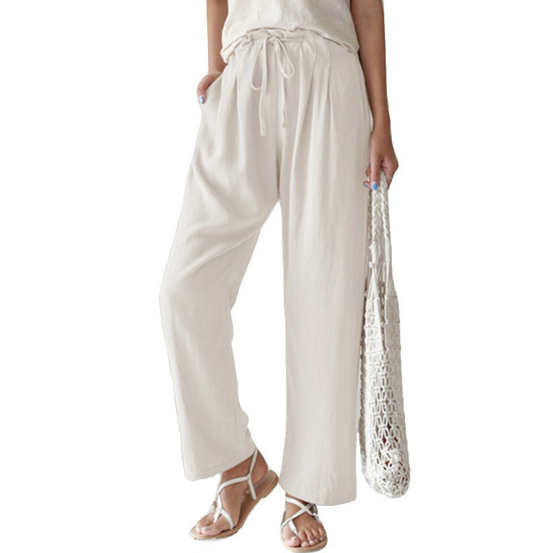 Women'S Fashion Casual Cotton Linen Loose Elastic-Waist Straight Leg Trousers