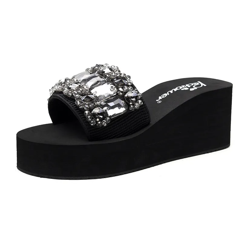 Women Fashion Vacation Beach Plus Size Rhinestone Thick-Soled Slippers