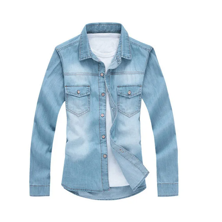 Men Casual Solid Color Lapel Long Sleeve Slim Denim Shirt