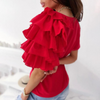 Women Elegant Solid Color Ruffled Short Sleeves Round Neck Loose Summer Blouse