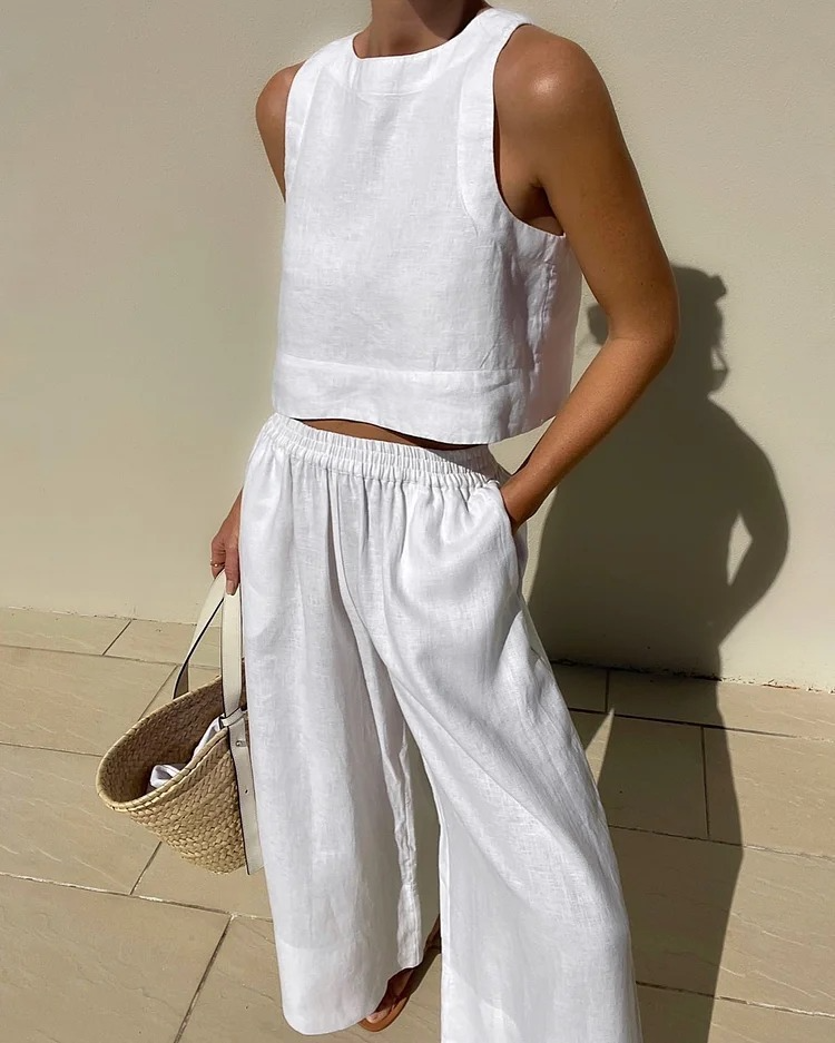 Women Summer Vacation Casual Loose Solid Color Sleeveless Top Wide Leg Pants Two Piece Set