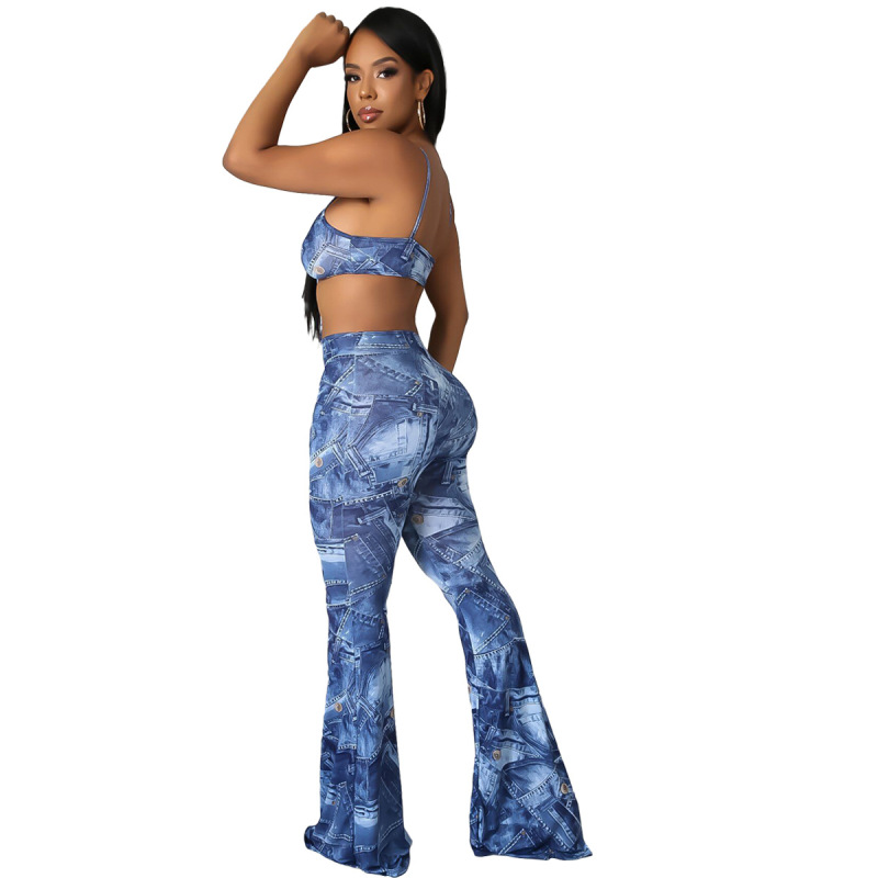 Women Printed Suspenders Hollow Waist Flared Jumpsuit