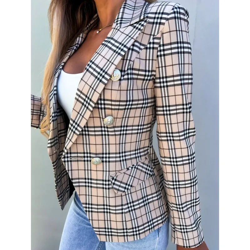 Women Fashion Plaid Print Long Sleeve Blazer Coat