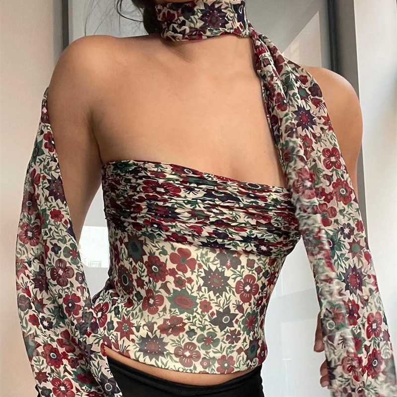 Women Fashion Summer Vacation Floral Printing Slim Tube Top