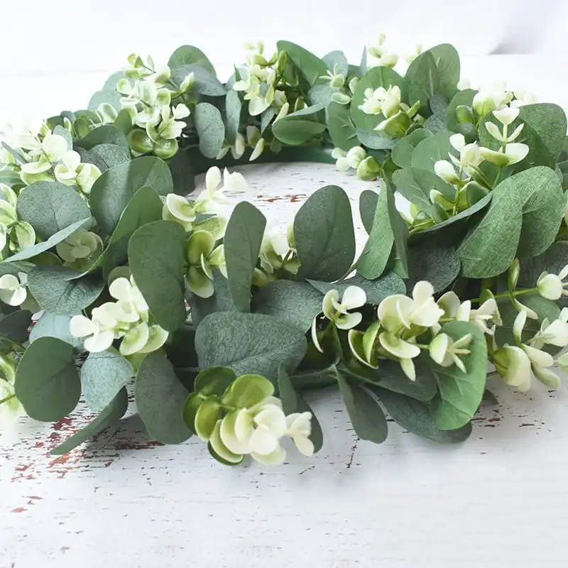 Round Green Leaf White Simulation Flower Decoration Wreath