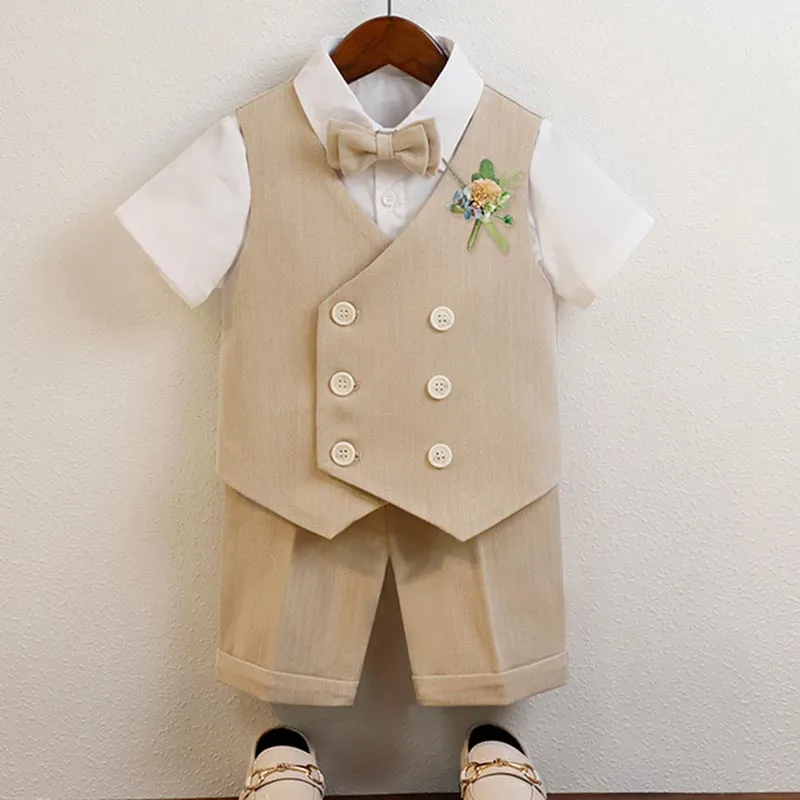 Kids Toddler Big Boys Summer Fashion Casual British Style Solid Color Bow Button Waistcoat Shirt Shorts Party Clothing Set