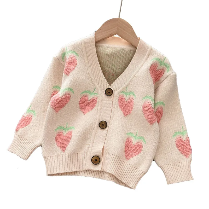 Children Kids Toddlers Girls Long Sleeve Cute Cartoon Fruit Pattern Knitted Cardigan