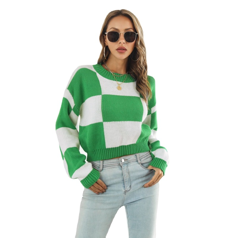 Women Simple Long Sleeve Plaid Jacquard Loose Knit Sweater