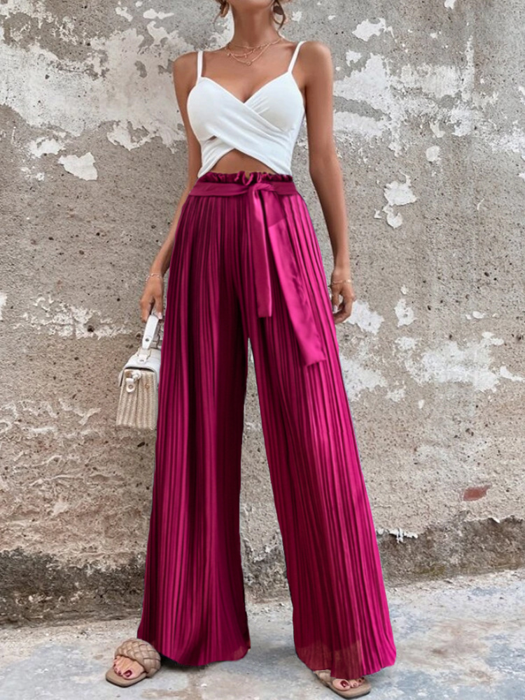 Women Fashion High Waist Solid Color Pleated Wide-Leg Pants