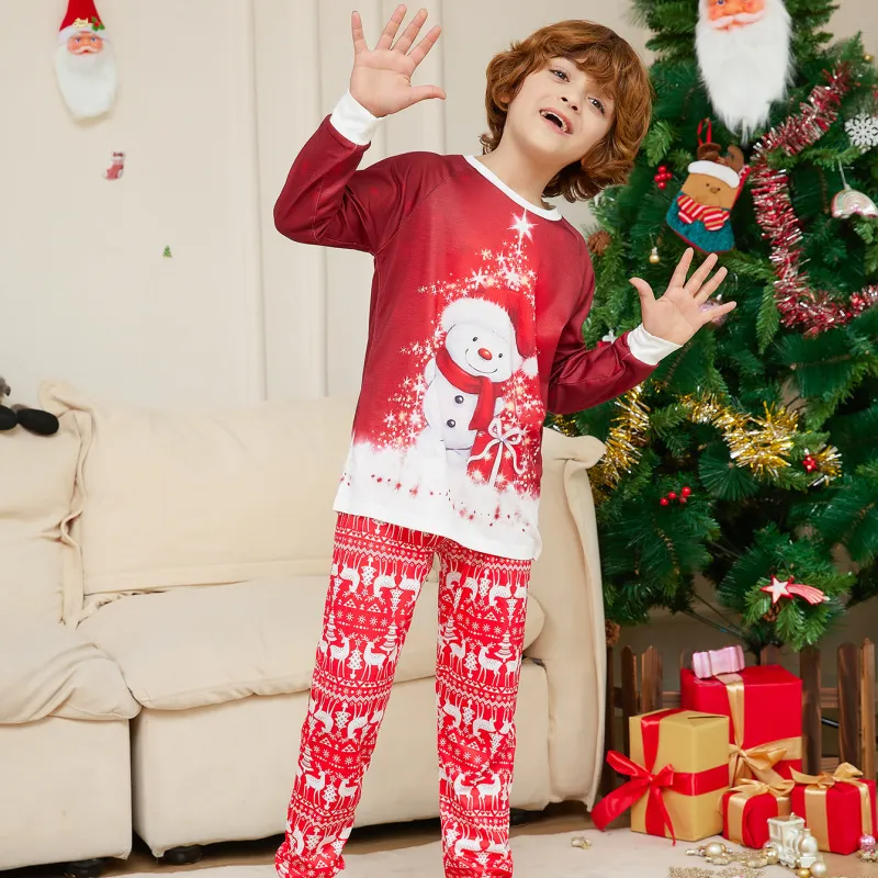 Cartoon Christmas Snowman Print Round Neck Long Sleeve Parent-Child Pajamas Set