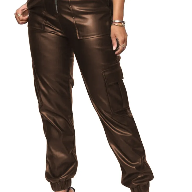 Women Fashion Solid Color Zipper PU Jogger Cargo Pants