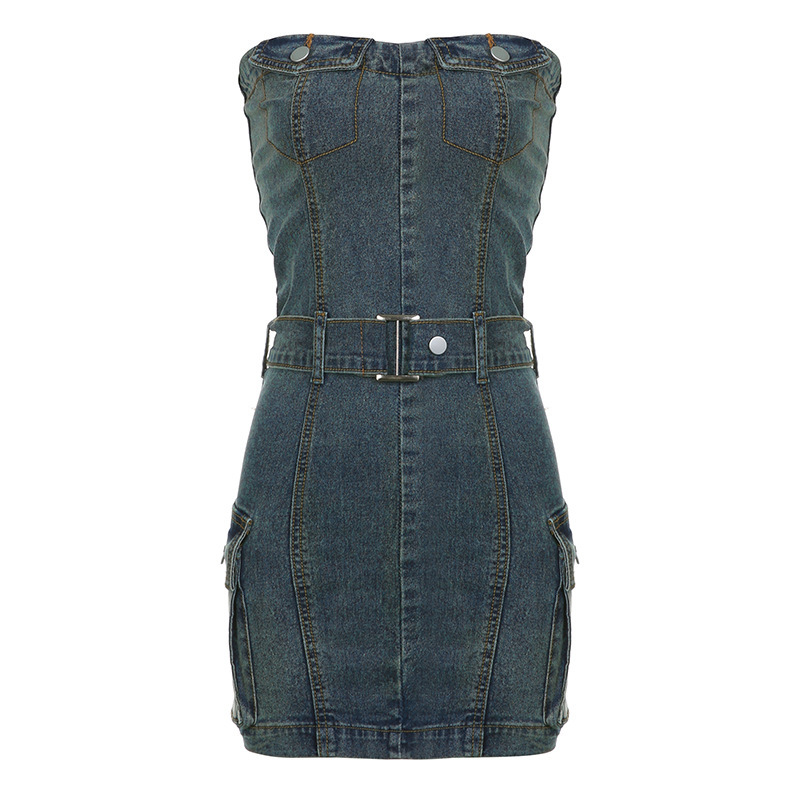 Women'S Fashion Sexy Pocket Defined Waist Backless Denim Tube Dress