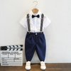 Kids Toddler Big Boys Fashion Casual British Style Bow Stripe Shirt Suspender Trousers Boys Party Clothing Set